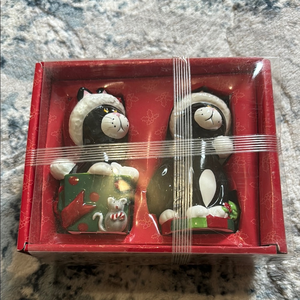 Festive Hand-Panted Black Cat Salt and Pepper Shakers